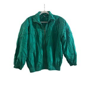 Vintage 90s Fuda International 100% Silk Bomber Jacket Emerald Green Gold Large